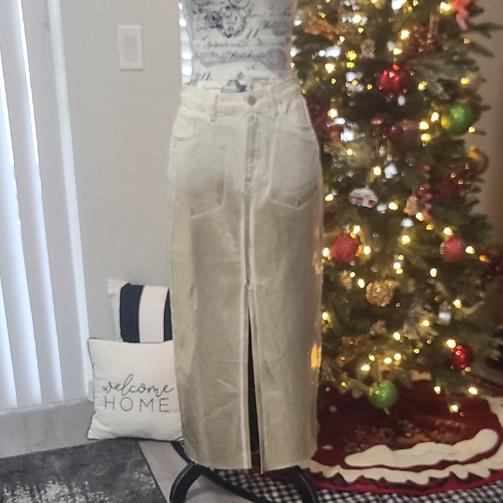 Galita Cotton Denim Beige & Gold Metallic Midi Skirt with Front Slit